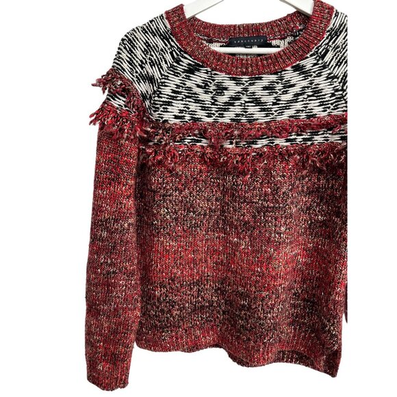 Sanctuary Chunky Knit Fringe Sweater Red Black Fair Isle Boho Size Small - Picture 3 of 16